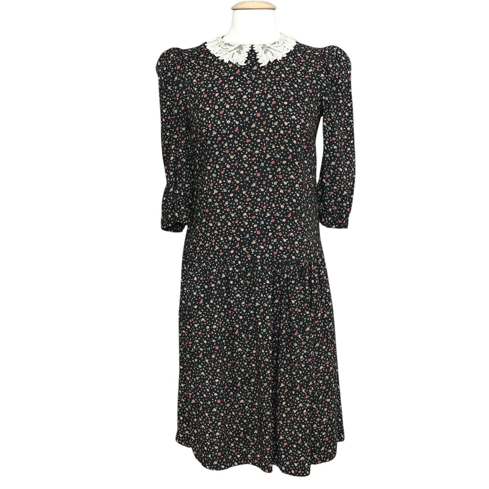 VTG Womens Dress 10 Blue Mini Floral Lace Collar Prairie Puff Midi Cottagecore